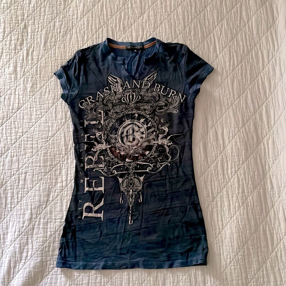 Crash And Burn navy blue  tee with black stone detailing